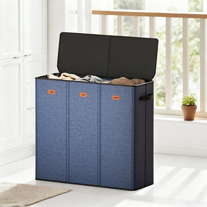185L Laundry Hamper 3 Section with Lid, Navy Blue 3 Compartment Laundry hamper with 3 Removable Laundry Bags, Large Laundry Basket for Bedroom, Laundry Room, Dorm,