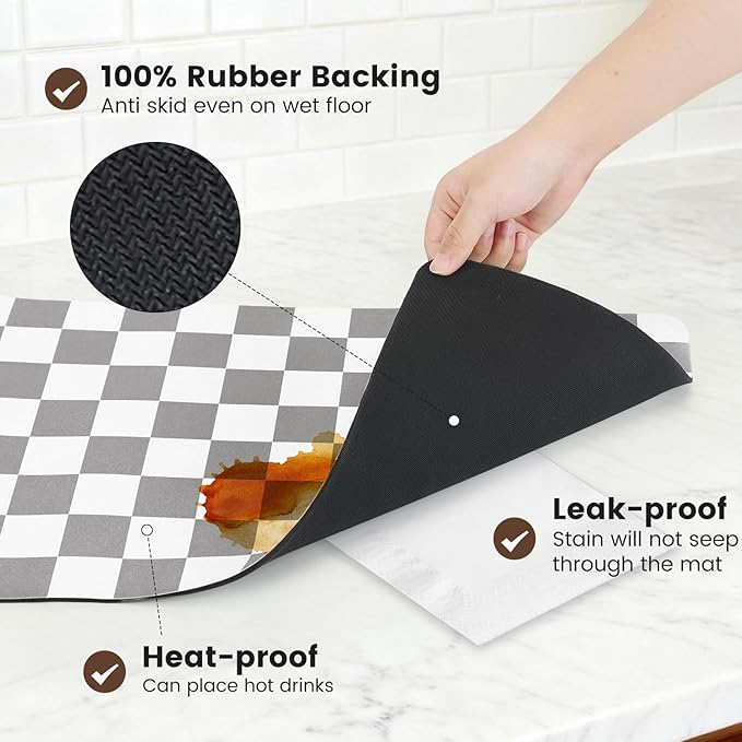 12" x 20" Checkered Dish Drying Mat for Kitchen Counter, Absorbent Coffee Bar Mat for Espresso Machine Coffee Countertops Accessories (Grey)