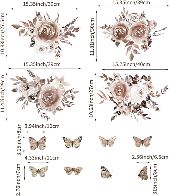 Fabric Peel and Stick Floral Wall Decal, Self-Adhesive Peony Flowers Wallpaper, Rose Sticker for Mother's Day, Mocha Peony