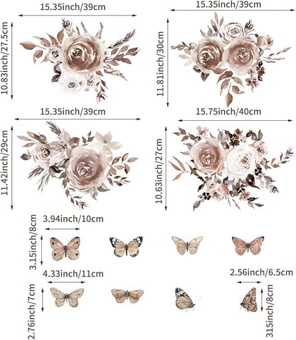 Fabric Peel and Stick Floral Wall Decal, Self-Adhesive Peony Flowers Wallpaper, Rose Sticker for Mother's Day, Mocha Peony