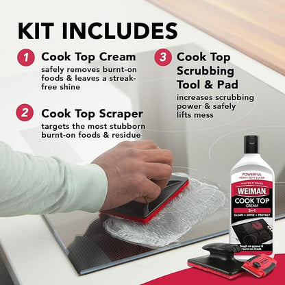 Weiman Glass & Ceramic Cooktop, Stove Top & Oven Cleaner Kit – Kitchen Cleaner Cream, 3 Scrubbing Pads & Scraper for Burnt-On Food & Grease, Clean Shine - Safe for Induction, Electric & Gas Cooktops