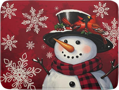 Christmas Snowman Dish Drying Mat for Kitchen Counter 18x24 Xmas Snowflake Winter Holiday Dark Red Absorbent Reversible Microfiber Drying Mats Kitchen Countertop Protector Dishes Drainer Rack Pad