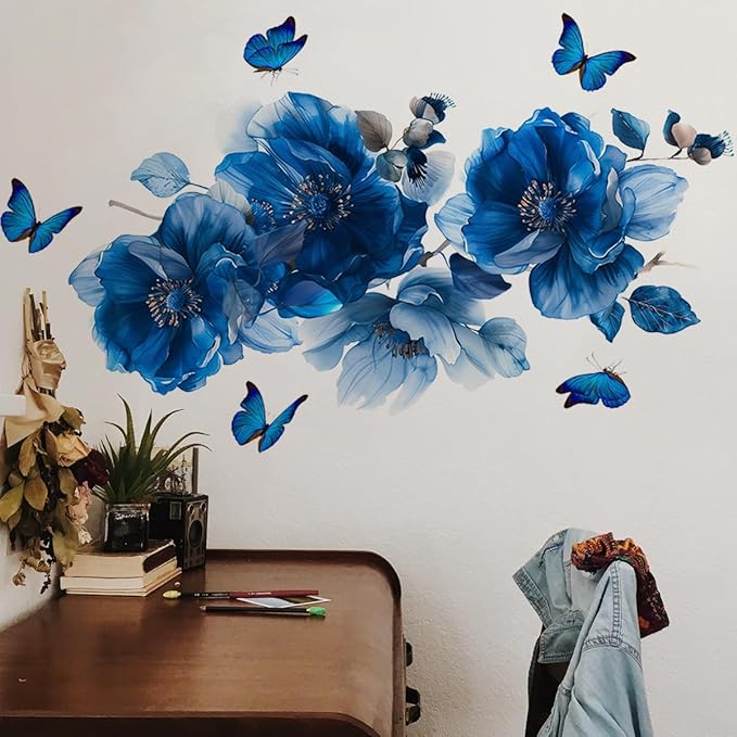 Runtoo Blue Flowers Wall Decals Butterfly Watercolor Floral Wall Stickers for Bedroom Living Room Bathroom Home Decor