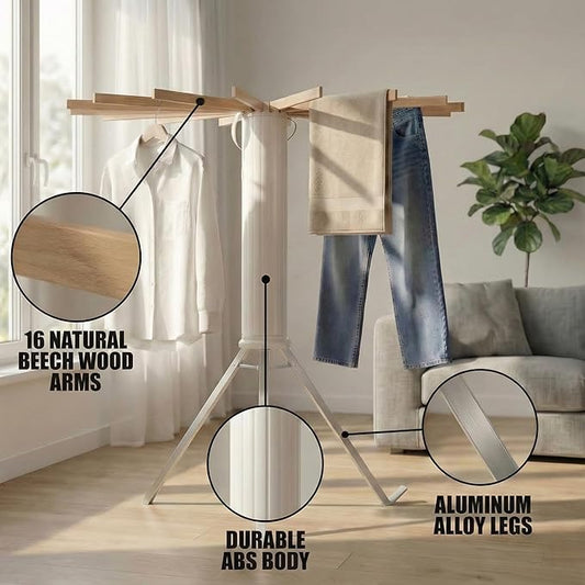 Clothes Drying Rack Foldable, Laundry Drying Rack Clothing with 16 Wooden Rods and 3 Aluminum Legs, Ideal for Versatile Indoor and Outdoor Use in Apartment, RV, Balcony and Bedroom.