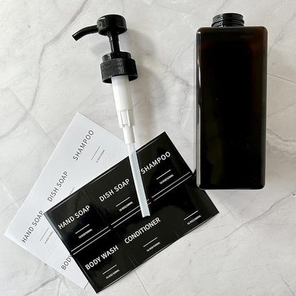 Soap Dispenser with Waterproof Labels, Thickened Plastic Hand Soap Dispenser for Bathroom, Kitchen Dish Washing Liquid Bottles, Shampoo and Conditioner Bottles with Funnel (16oz 4Pack Black Clear)