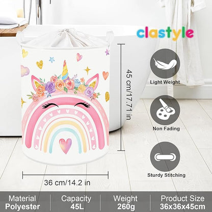 Clastyle Adorable Rainbow Laundry Basket Kids Clothes Book Storage Basket Gift Toy Box for Bedroom Decor,Unicorn,36x45 cm