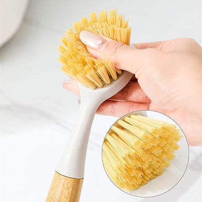 2 Pack Kitchen Dish Brush+1 Pair Reusable Rubber Gloves,Kitchen Cleaning Sets,Bamboo Handle Dish Scrubber Built-in Scraper, Scrub Brushes for Pans Pots Sink Dishwashing,Range Hood (Black)