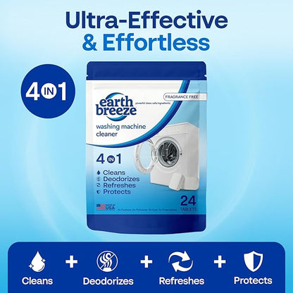Earth Breeze Washing Machine Cleaner Tablets - 1 Year Supply - Deep Cleans, Removes Odors, Residue & Buildup - Front Load, Top Load & HE Washers - Fragrance-Free - No Harsh Chemicals - Made in USA