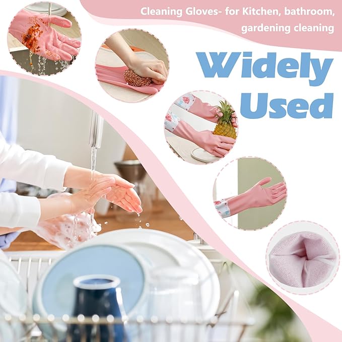 3 Pairs Dishwashing Cleaning Gloves, SHAIDOJIO Waterproof Reusable Kitchen Long Rubber Gloves, Non-Slip Latex-Free Household Gloves With Cotton Lined for Laundry Cleaning Working Gardening Cooking