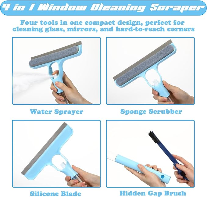 Lothee 1pcs 3 in 1 Window Squeegee, 23'' Long Handle Window Cleaning Scraper, Squeegee and Scrubber with Spray for Walls, Car Windshields, Bathrooms, Kitchens (Bule)