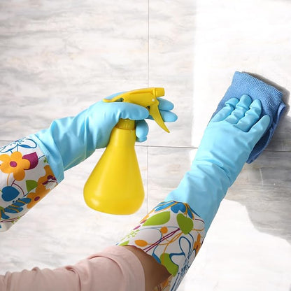 Bamllum 3 Pairs Rubber Cleaning Gloves, Household Kitchen Dishwashing Gloves with Cotton Flocked Liner, Long Cuff 16 Inches (Blue+Yellow+White, Large)