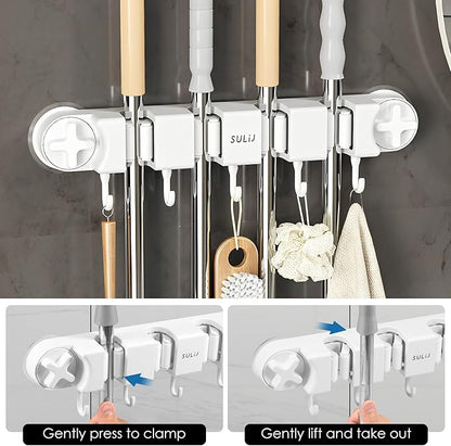 Broom Holder Wall Mount Sturdy Mop and Broom Organizer with 4 Racks and 5 Hooks Vacuum Suction Cup Broom Mop Holder for Home, kitchen, Garden, Tools, Garage