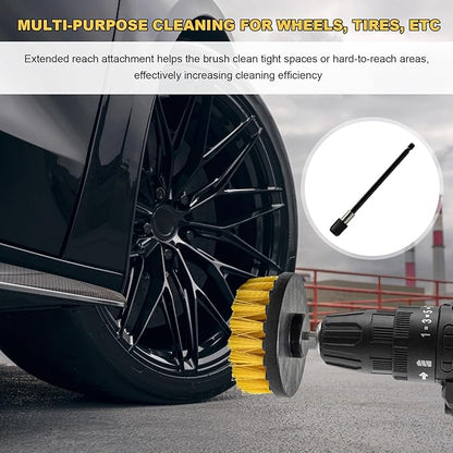 6PCS Drill Brush Attachment Set, 1/4in Power Scrubber Cleaning Brushes with Extended Rod, All Purpose Drill Activated Brushes Cleaning Kit for Car Detailing Carpet Floor Tub
