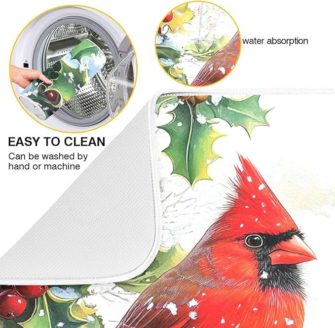 Red Cardinals Holly Bush Christmas Dish Drying Mat for Kitchen Counter Absorbent Microfiber Drying Pad, Medium 16x18 in
