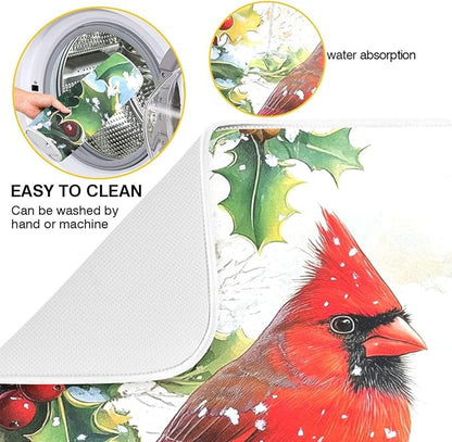 Red Cardinals Holly Bush Christmas Dish Drying Mat for Kitchen Counter Absorbent Microfiber Drying Pad, Medium 16x18 in