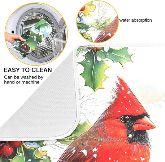 Red Cardinals Holly Bush Christmas Dish Drying Mat for Kitchen Counter Absorbent Microfiber Drying Pad, Medium 16x18 in
