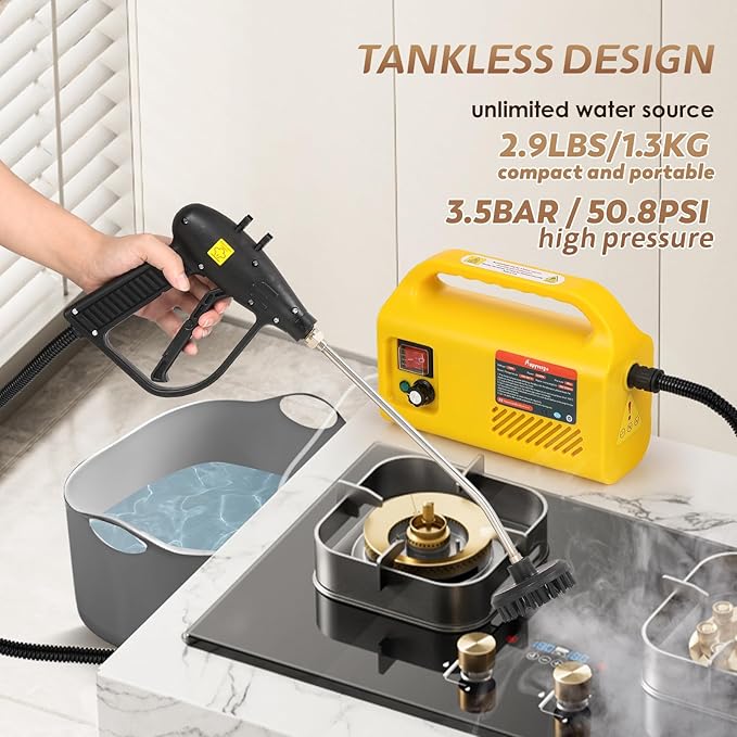Pressurized Steam Cleaner Tankless, 1500W Handheld Steamer for Cleaning Grout Tile, Hand Held Portable Steam Pressure Washer for Home Kitchen Bathroom Car Auto 110V(Yellow)