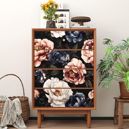 Fvlow Vintage Floral Wallpaper Peel and Stick Dark Black White Red Rose Flowers Wall Paper 17.4" x 118" Waterproof Self Adhesive Removable Contact Paper for Bedroom Cabinets Table Drawers Home Decor