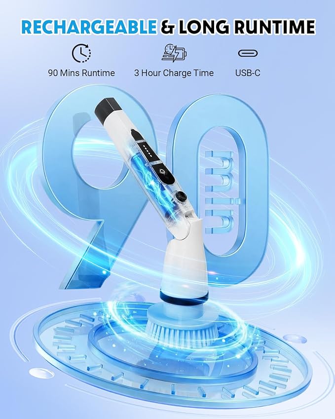Electric Spin Scrubber, Shower Scrubber with Long Handle, 7 Brush Heads, 2-Speed Cordless Bathroom Cleaning Brush, 54in Extendable Electric Cleaning Brush for Tub, Floor, Kitchen & Barbecue Grill