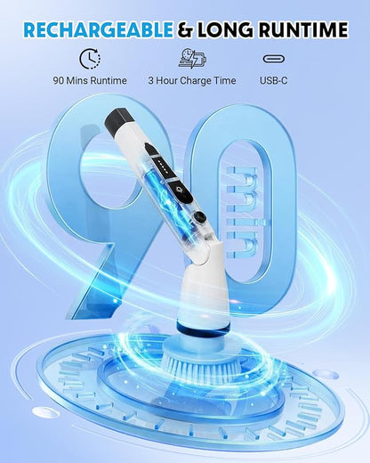 Electric Spin Scrubber, Shower Scrubber with Long Handle, 7 Brush Heads, 2-Speed Cordless Bathroom Cleaning Brush, 54in Extendable Electric Cleaning Brush for Tub, Floor, Kitchen & Barbecue Grill