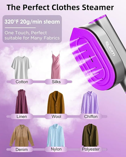 ELORTI Travel Steamer for Clothes, Handheld & Portable 2-in-1 Design, 10s Rapid Heat, 1200W Rotating Head, Compact Size 110–120V for Travel, Home (Pruple)