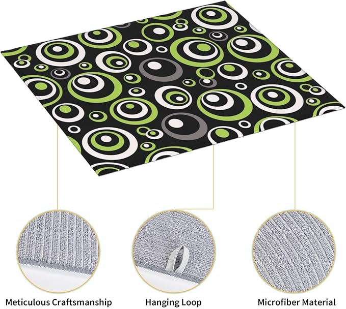 Green Black Gray Geometric Circle Dish Drying Mat for Kitchen Counter, 16" x 18" Absorbent Microfiber Modern Drying Pad for Dish Drainer, Washable, Foldable for Kitchen Gadgets, Multi-Use, Home Decor