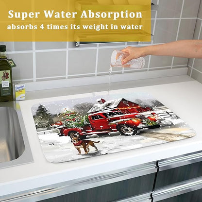 Christmas Red Truck Dish Drying Mat for Kitchen Counter 18x24 Inch Xmas Tree Snowman Dog Winter Print Absorbent Reversible Microfiber Drying Mats Kitchen Countertop Protector Dishes Drainer Rack Pad