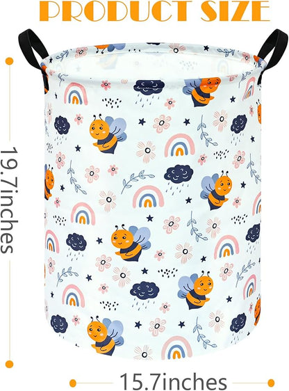 MAIZMZ Rainbow Bee Print Canvas Laundry Basket,Waterproof Storage Bin with Handles 15.7" D×19.7" H Foldable Toy Organizer Decor Gift Basket for Kids' Bedroom & Home Organization