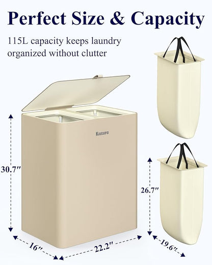 Kitsure Laundry Basket 115L – Large Laundry Hamper with Lid, 2-Compartment Divided Clothes Sorter with Removable Hamper Bags, Beige Organizer for Laundry Room, Bathroom & Bedroom, 22.2" x 16" x 30.7"