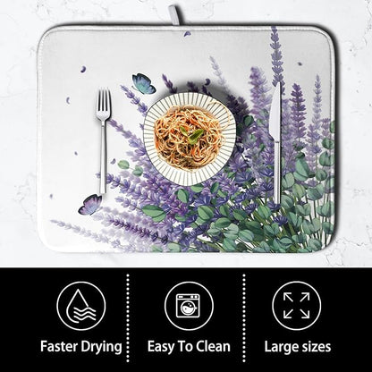 Purple Lavender Dish Drying Mat for Kitchen Counter, 18 x 24 Purple Floral Microfiber Dish Drainer Mats, Absorbent Reversible Microfiber Dish Mat, Butterflies Flowers Kitchen Drying Mats for Dishes