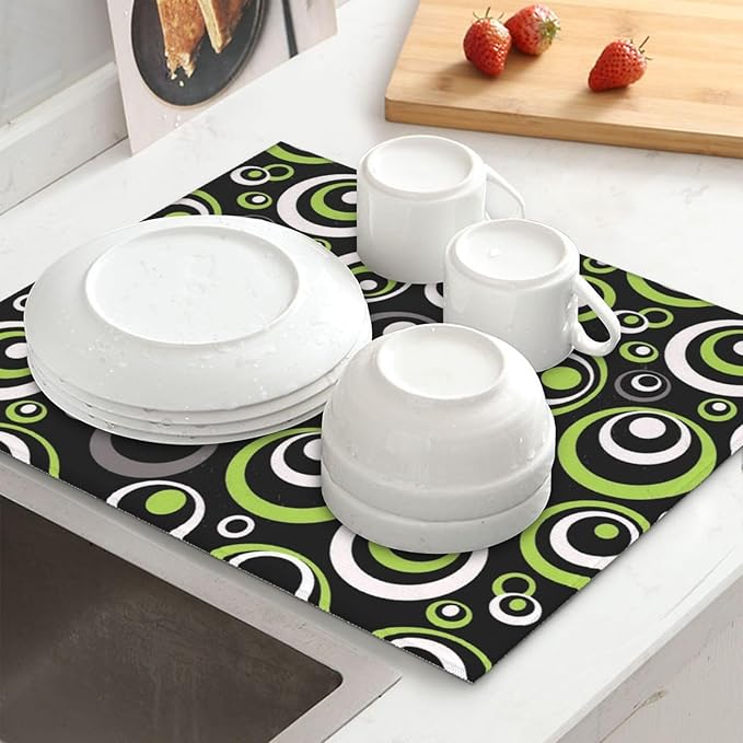 Green Black Gray Geometric Circle Dish Drying Mat for Kitchen Counter, 16" x 18" Absorbent Microfiber Modern Drying Pad for Dish Drainer, Washable, Foldable for Kitchen Gadgets, Multi-Use, Home Decor