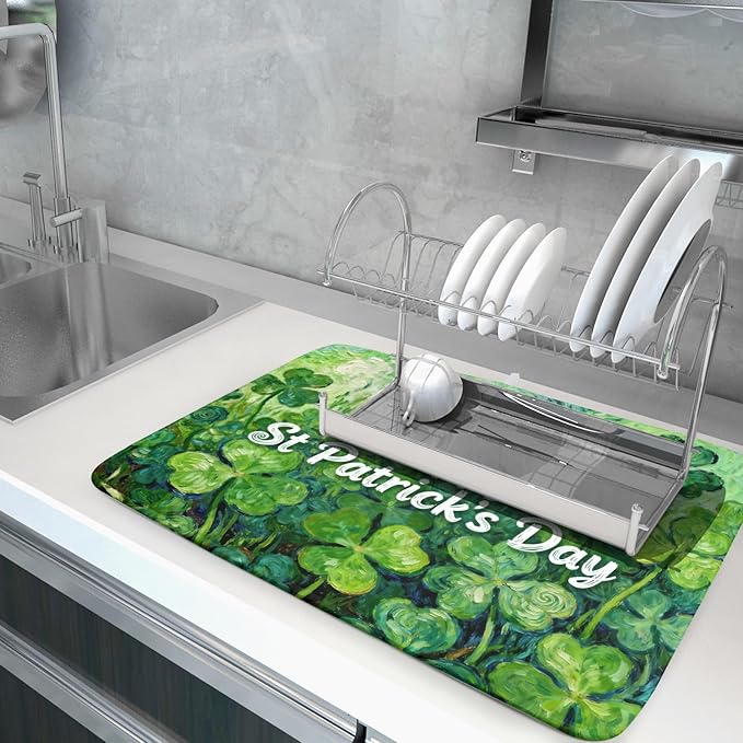 St Patricks Day Lucky Clover Dish Drying Mat for Kitchen Counter 18x24 Green Shamrock Happy Holiday Theme Absorbent Reversible Microfiber Drying Mats Kitchen Countertop Protector Dishes Drainer Pad