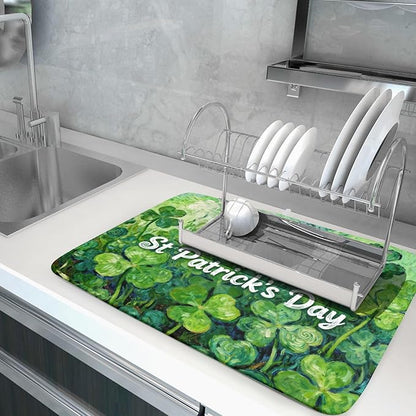 St Patricks Day Lucky Clover Dish Drying Mat for Kitchen Counter 18x24 Green Shamrock Happy Holiday Theme Absorbent Reversible Microfiber Drying Mats Kitchen Countertop Protector Dishes Drainer Pad