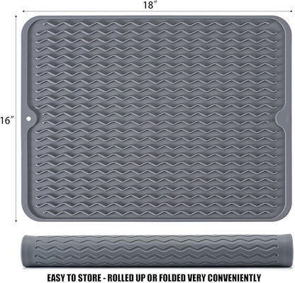 Silicone Dish Drying Mat, Non-Slip Easy Clean Sink Mat Large Heat-resistant Dish Drainer Mat for Kitchen Counter, Sink, Refrigerator or Drawer liner (18" x 16", GREY)
