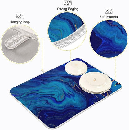 Super Absorbent Dish Drying Mat, Microfiber Fast-Drying Dish Mat, 24" x 18", Kitchen Dish Drying Pad, Navy Blue Gold Marble