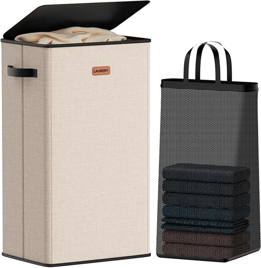 100L Laundry Hamper with Lid, Large Clothes Hampers with Removable Bag, Collapsible Laundry Basket for Bathroom, Bedroom, Laundry Room, Dorm, Beige