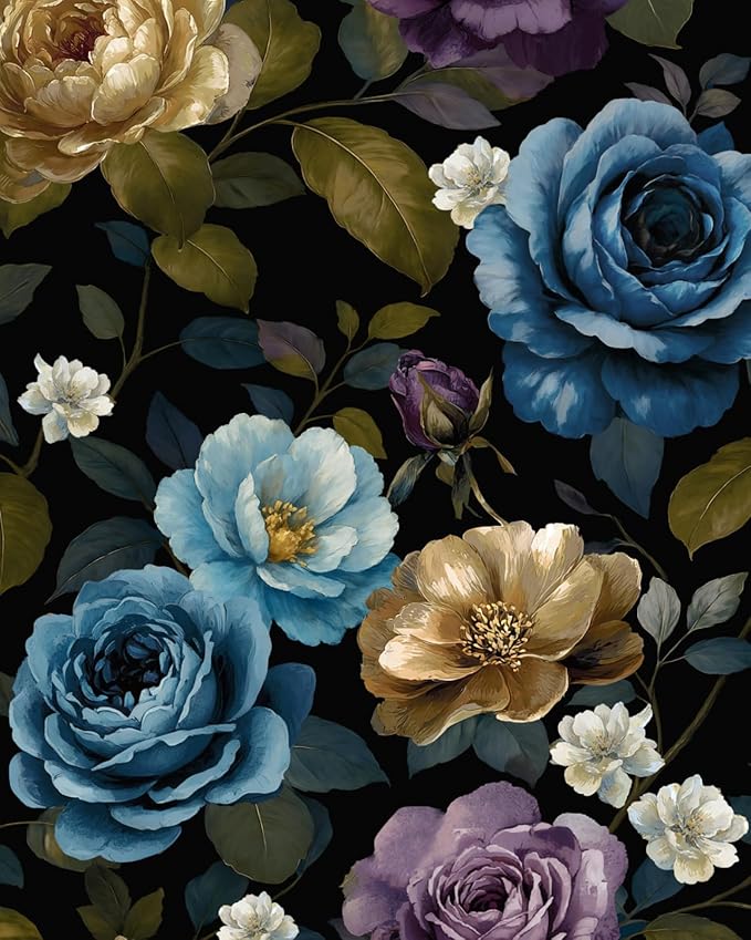 Fvlow Watercolor Wallpaper Peel and Stick, Vintage Large Floral Contact Paper Waterproof Self-Adhesive Dark Flower Wall Paper for Bedroom Countertop Desk Cabinets Decor 17.4" x 118" Renter Friendly