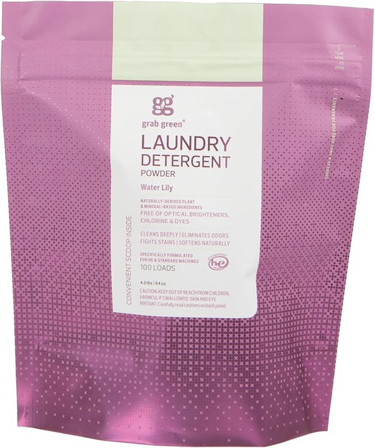 Grab Green 3-in-1 Laundry Detergent Powder, 4lbs -100 Loads, Water Lily Scent, Plant And Mineral Based, Superior Cleaning Power, Stain Remover, Brightens Clothes, Packaging May Vary