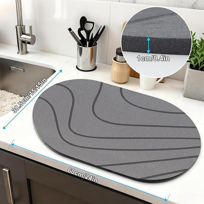 Large Stone Drying Mat for Kitchen Counter of 1 Pack ,24''x16'' Quick Dish Drying Stone Mat Kitchen,Double-sided Diatomaceous Earth Stone Drying Mat,No Moisture Residue, Stone Dish Drying Mat (Oval)