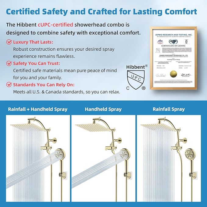 Hibbent All Metal cUPC Certified Shower Head, 10'' High Pressure Rain Shower Head, Handheld Showerhead Combo with 16'' Adjustable Extension Arm, 10 Sprays, 71'' Hose, Shower Holder, Polished Brass