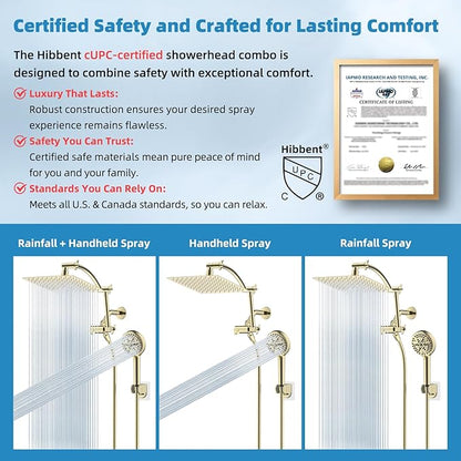 Hibbent All Metal cUPC Certified Shower Head, 10'' High Pressure Rain Shower Head, Handheld Showerhead Combo with 16'' Adjustable Extension Arm, 10 Sprays, 71'' Hose, Shower Holder, Polished Brass