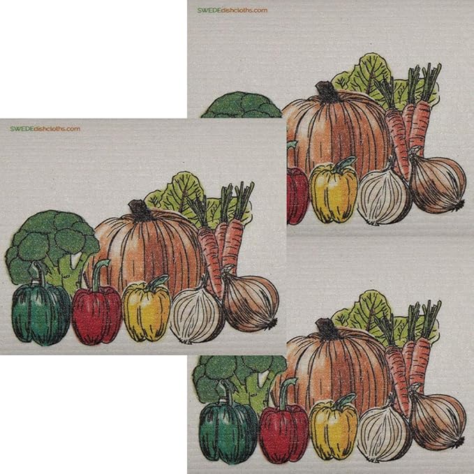 Fresh Vegetables Set of 3 Each Swedish Dishcloths | ECO Friendly Absorbent Cleaning Cloth | Reusable Cleaning Wipes
