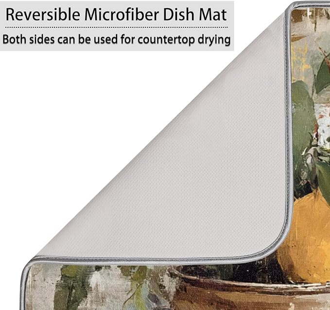 Dish Drying Mats with Hanging Loop for Kitchen Counter - Super Absorbent & Microfiber Sink Dry Mat with Vintage Lemon Paisley Floral, Non-Slip Backing, Dishes, Sink, Countertop Protection 18"x24"