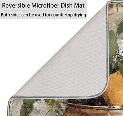 Dish Drying Mats with Hanging Loop for Kitchen Counter - Super Absorbent & Microfiber Sink Dry Mat with Vintage Lemon Paisley Floral, Non-Slip Backing, Dishes, Sink, Countertop Protection 18"x24"