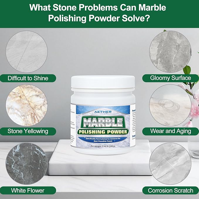 AETHER Marble Polishing Powder, Restore Shine Remove Water Stains Scratches Rings Etches, Professional Stone Polishing & Cleaning Powder for Marble Stone Granite Quartz Tile Floor Countertop Surfaces