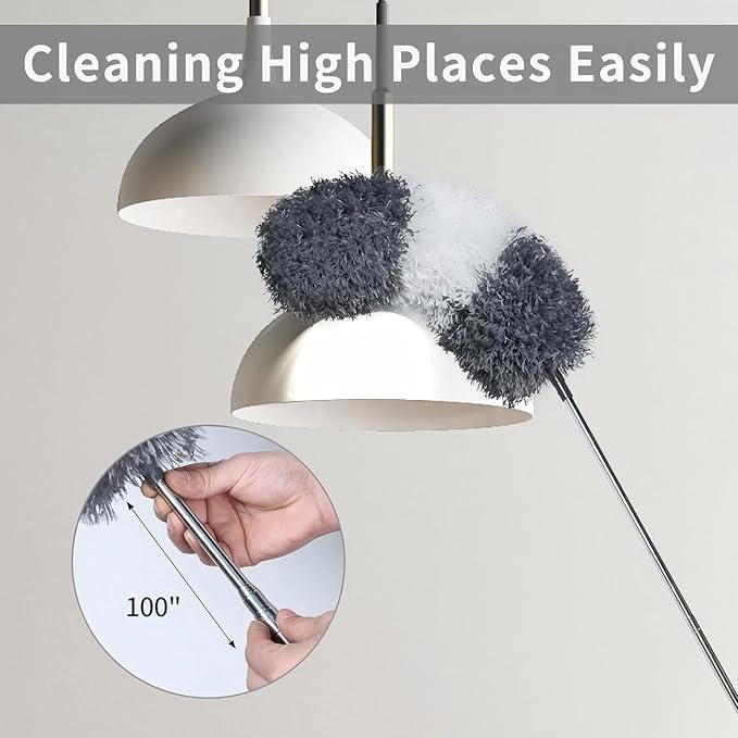 Telescopic Dusters for Cleaning | Duster with 100"Extension Pole | Flexible Cobweb Remover Duster Kit with 2 Washable Heads | Bendable Feather Duster for High Ceilings,Fans & Hard-to-Reach Areas,5PCS