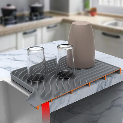 Silicone Drying Mat for Kitchen Counter , Dish Drying Rack Matt with Built in Drain, Small Dry Mats for Dishes Drying Pad for Kitchen Counter (18×12inch Extra Raised, gray)
