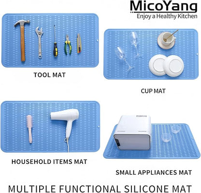 MicoYang Silicone Dish Drying Mat for Multiple Usage,Easy clean,Eco-friendly,Heat-resistant Silicone Mat for Kitchen Counter or Sink,Refrigerator or Drawer Liner Lichen BlueL 4XL 32 inches x 18 inches