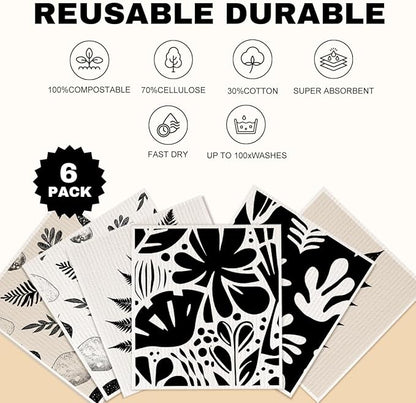 6 Pack Swedish Dishcloths for Kitchen, Leaf Reusable Paper Towels Super Absorbent Reusable Paper Towels Washable, Quick Drying, Dishwasher，Kitchen Gifts for Women