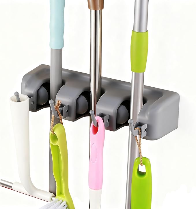 TOGU 2 Pack Mop and Broom Holder Wall Mounted 3 Position Storage Rack with 4 Retractable Hooks Holds up to 7 Tools Utility Weatherproof Holder for Garage Storage Systems Broom Organizer,Gray